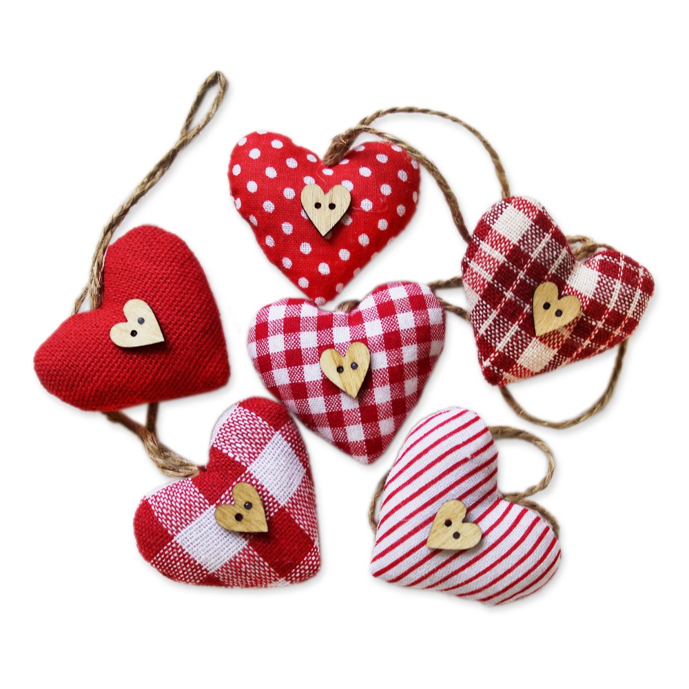 Srdce závěs textil 6ks 4cm červená